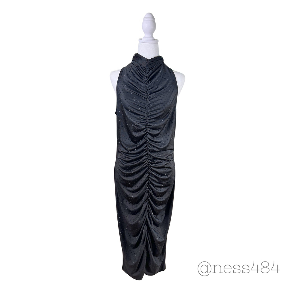 Sofia Vergara‎ Black Ruched Rhinestone Mock Neck Sleeveless Midi Dress XL 16 18